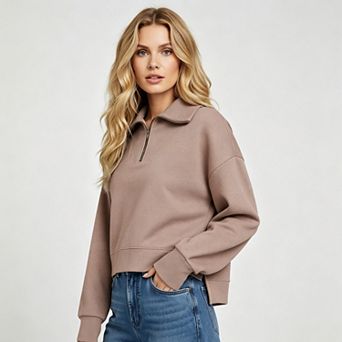 Women Soft Cotton‑Blend Oversized Half‑Zip Collar Cropped Drop‑Shoulder Casual Sweatshirt