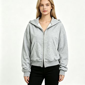 Women Loose Drop‑Shoulder Full‑Zip Cropped Hoodie With Kangaroo Pocket