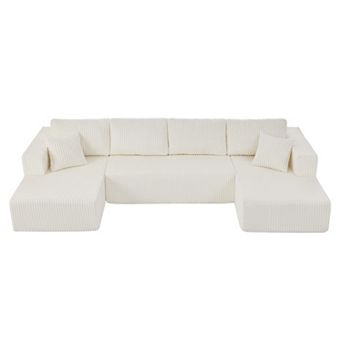 132" Corduroy Modular Sectional Sofa, Oversized U Shape Boneless Couch with Side Pockets