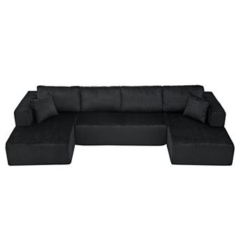 132" Corduroy Modular Sectional Sofa, Oversized U Shape Boneless Couch with Side Pockets