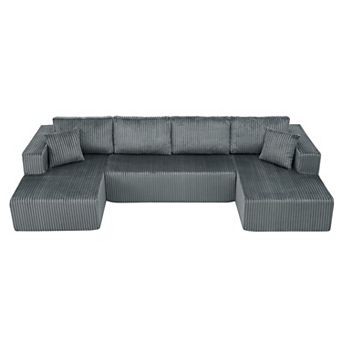 132" Corduroy Modular Sectional Sofa, Oversized U Shape Boneless Couch with Side Pockets