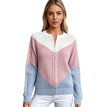 Women's Color Blocked Cable Knit Sweater Retro Loose Knit Top Pullover