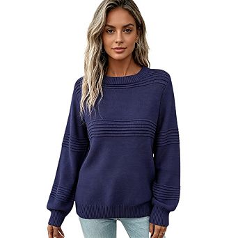 Women's Long Sleeved Crew Neck Pullover Striped Solid Color Knit Sweater
