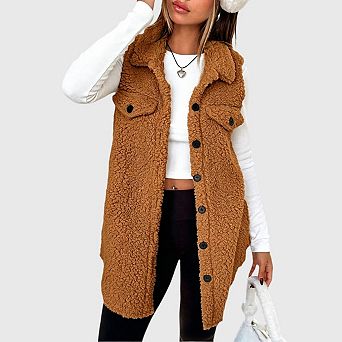 Womens Sleeveless Fuzzy Fleece Vest Oversized Warm Sherpa Jacket Coat Outerwear
