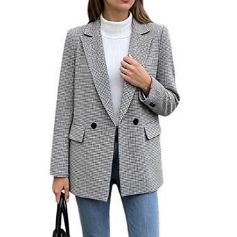 Women Houndstooth Blazer, Notched Lapel Double‑Breasted Long Sleeve Office Outerwear with Pockets