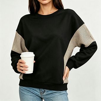 Women's Oversized Crewneck Long‑Sleeve Striped Patchwork Sweatshirt Fall Winter Tunic Top