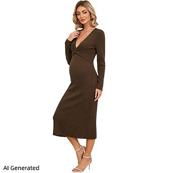 Women's V Neck Long Sleeve Knit Maternity Sweater Dress For Baby Shower Photoshoot