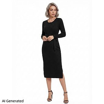 Women's Crew Neck Belted Knit Tunic Dress, Long Sleeve Casual Outfit