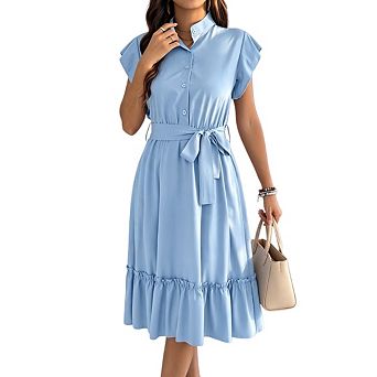 Women Ruffle Sleeve Button Belted Boho Casual Tiered Sundress Formal Wedding Guest Shirt Dresses