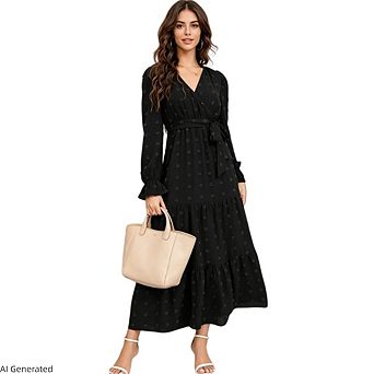 Womens Long Sleeve Swiss Dot V Neck Casual Tie Waist Flowy Maxi Dress