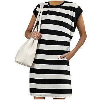 Womens Striped Crew Neck Cap Sleeve Color Block Casual A Line T Shirt Dress with Pockets