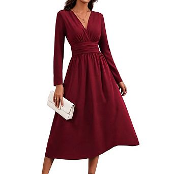 Womens Pleated Wrap Elegant Long Sleeve Ruched High Waist Casual Solid V Neck Flowy Midi Dress