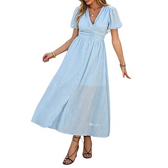 Women's Casual Puffy Short Sleeve Deep V Neck Button Front Boho Beach Vacation Midi Dresses