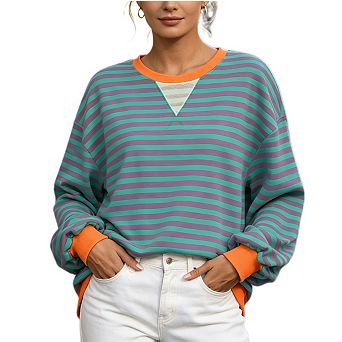Womens Oversized Striped Sweatshirt Fall Long Sleeve Crewneck Casual Loose Pullover Workout Shirt