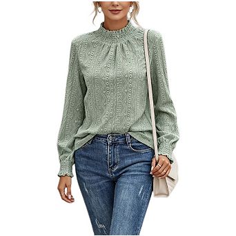 Womens Mock Neck Blouses Long Sleeve Textured Shirts Dressy Casual Tunic Smocked Cuffs Tops