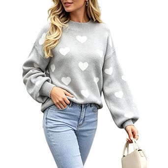 Women Heart Pattern Crew Neck Long Sleeve Loose Fit Casual Knit Pullover Sweater