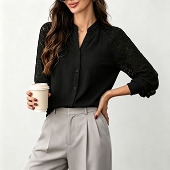 Women's Stand Collar v‑Neck Lace Raglan Long Sleeve Button Down Blouse, Casual Work Office Tops