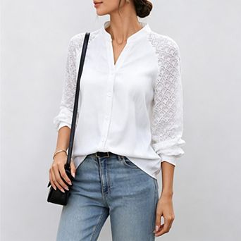 Women's Stand Collar v‑Neck Lace Raglan Long Sleeve Button Down Blouse, Casual Work Office Tops