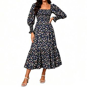 Women's Maxi Floral Casual Dress Long Sleeve Square Neck Smocked Tieded Flowy Beach Vacation Outfits
