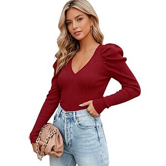 Women's Casual Knit Pullover Sweater Puff Long Sleeve V Neck Ribbed Pullover Slim Fit Sweater Blouse