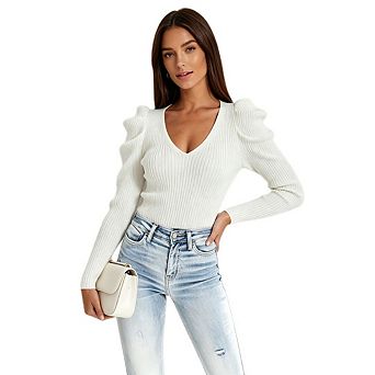Women's Casual Knit Pullover Sweater Puff Long Sleeve V Neck Ribbed Pullover Slim Fit Sweater Blouse