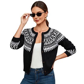Women's Casual Fair Isle Style Long Sleeve Button Front Knit Cardigan