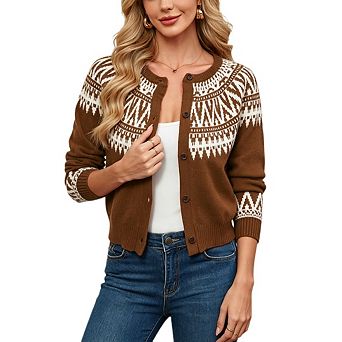 Women's Casual Fair Isle Style Long Sleeve Button Front Knit Cardigan