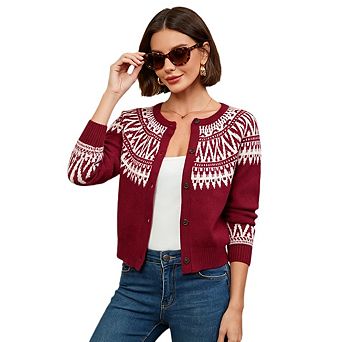 Womens Fair Isle Sweater Button Long Sleeve Cardigans Crew Neck Knit Vintage Sweater Cardigans Coats