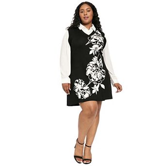 Plus Size London Times Fit & Flare Long Sleeve 2-in-1 Mini Sweater Dress