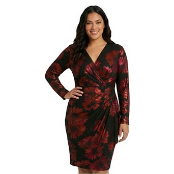 Plus Size London Times Foiled Faux Wrap Ruffle Mini Dress