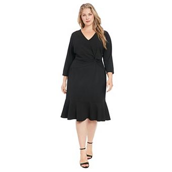 Plus Size London Times 3/4 Sleeve V-Neck Twist Midi Dress