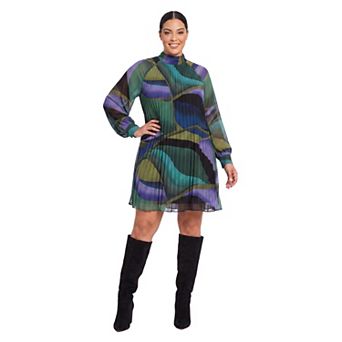 Plus Size London Times Bishop Sleeve Pleated Mini Dress
