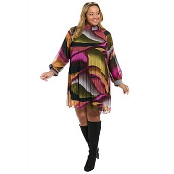 Plus Size London Times Bishop Sleeve Pleated Mini Dress