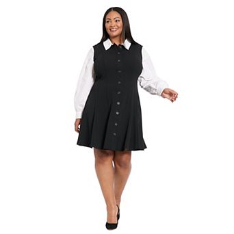 Plus Size London Times Pleated Mini Dress With Poplin Sleeves & Collar
