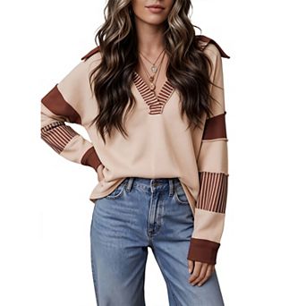 Womens Oversized Sweatshirts Striped Color Block Patchwork Collar V Neck Casual Pullover Tops