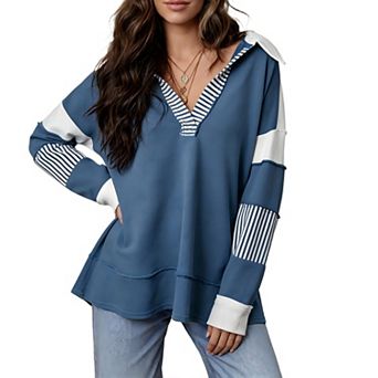 Womens Oversized Sweatshirts Striped Color Block Patchwork Collar V Neck Casual Pullover Tops