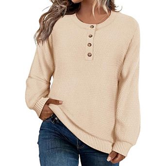 Women's Crew Neck Henley Sweater Long Sleeve Button Down Pullover Knit Jumper Tops for Fall Winter