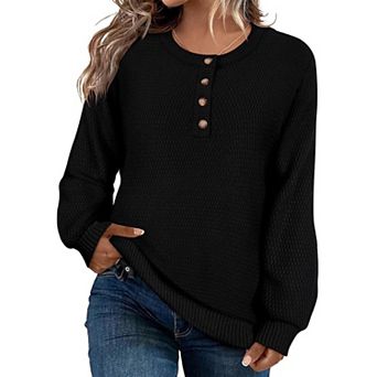 Women's Crew Neck Henley Sweater Long Sleeve Button Down Pullover Knit Jumper Tops for Fall Winter