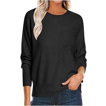 Women Solid Crew Neck Long Sleeve Pullover Sweater Casual Loose Knit Tops with Front Pockets