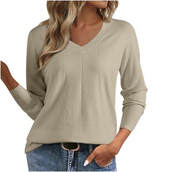 Women V‑Neck Pullover Sweater Casual Solid Color Long Sleeve Soft Knit Jumper Tops for Fall Winter