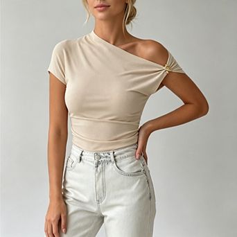 Women's Summer One Shoulder Cap Sleeve Tops, Ruched Slim Fit Trendy Business Casual Blouse
