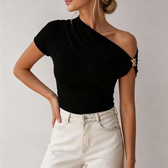 Women's Summer One Shoulder Cap Sleeve Tops, Ruched Slim Fit Trendy Business Casual Blouse