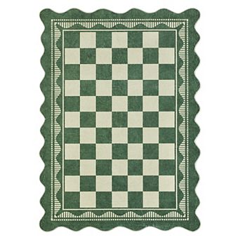 Fashionwu Scalloped Wavy Edge Border Checkerboard Rug Washable Soft Non Slip Pet Friendly Carpet