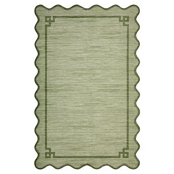 Fashionwu Greek Key Border Rug Minimalist Washable Non Slip Scalloped Edge Carpet for Living Room