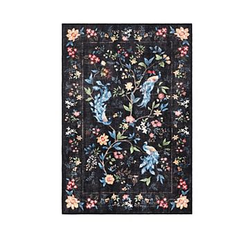 Floral Peacock Machine Washable Low Pile Area Rug Pet Friendly Wrinkle Resistant Carpet for Bedroom