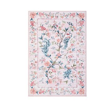 Floral Peacock Machine Washable Low Pile Area Rug Pet Friendly Wrinkle Resistant Carpet for Bedroom