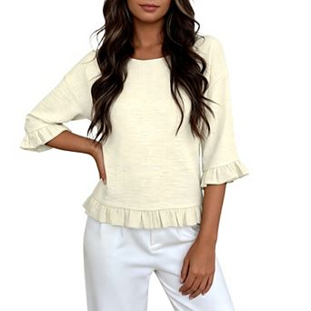 Womens 3/4 Sleeve Solid Color Tops Crew Neck Ruffle Dressy Linen Cute Western Casual Blouses