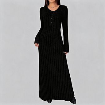 Women's V-Neck Long Sleeve Ribbed Knit Button-Front Maxi Dress