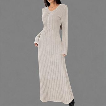 Women's V-Neck Long Sleeve Ribbed Knit Button-Front Maxi Dress
