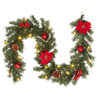 6 Ft Pre Lit Christmas Garland with Poinsettia Blooms for Mantel